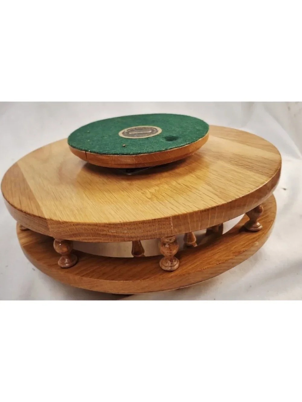 Vintage Solid Oak Lazy Susan With Handle & Decorative Spindles For Tabletop Serv